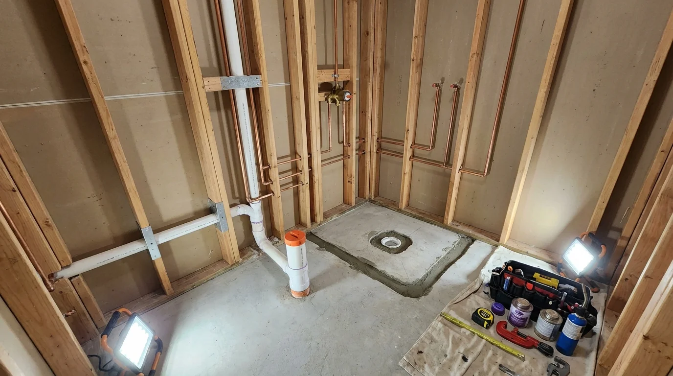 Bathroom rough-in plumbing during remodel by Johns Plumbing LLC in South Orange