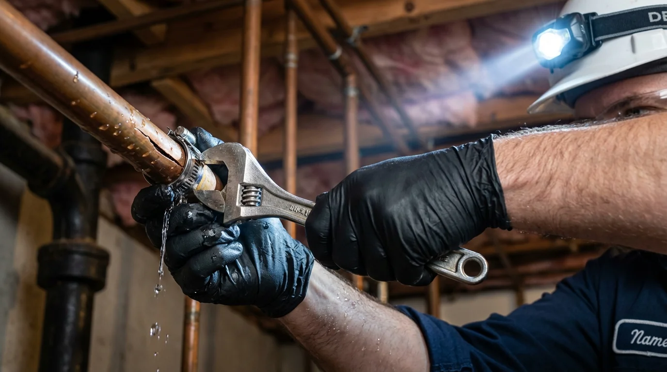 Emergency pipe clamp repair being performed by a Johns Plumbing LLC plumber in South Orange