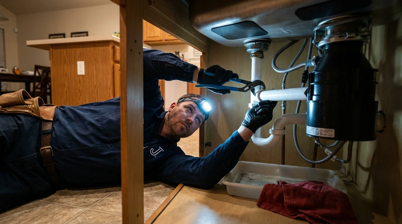 P-trap and supply line connections under a kitchen sink showing a common leak point in South Orange, NJ
